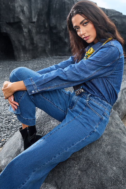 High Waisted Center Seam Wide Leg Cropped Denim Jeans